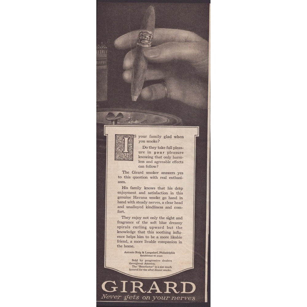 Vintage Girard Cigars Antonio Roig & Langsdorf Print Ad Black White Ephemera - Picture 1 of 1